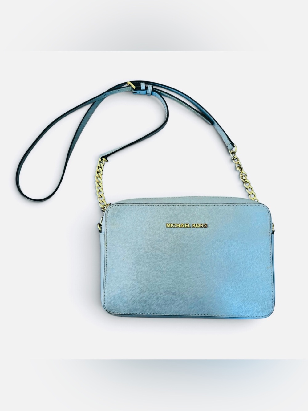 Michael Kors Jet Set Travel Saffiano Leather Crossbody Light Powder Blue Bag